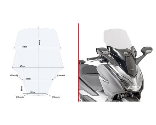 Givi, скло, прозора вітрове скло, 58 x 44,5 см, HONDA Forza 125-300 (2019), прозорий