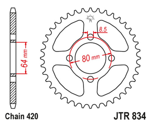 Jt задня зірочка 834 35 yamaha ttr 90 '00-07, ttr 110 '08-16, v70/v75 '76-77, v90 '75-78, lb 80 '76-77, yb 100e '80-94 (83435jt) (ланцюг 420)