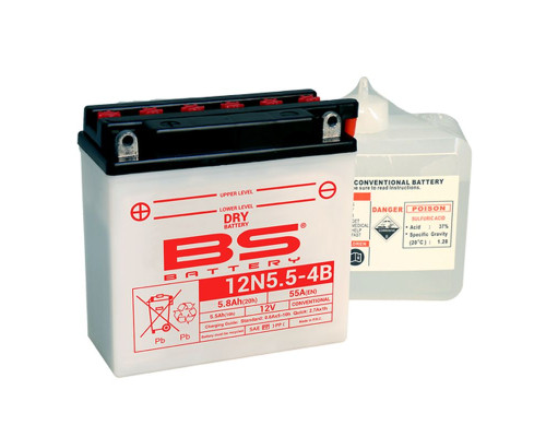 Bs battery 12n5.5-4b 12v 5.5ah 135x60x130 обслуговується - електроліт окремо (55a) (6) ue2019/1148