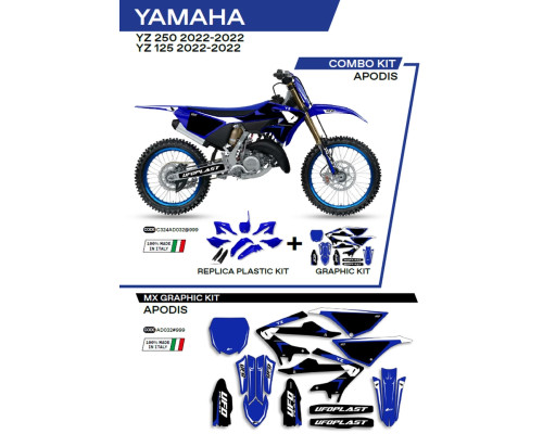 Набір пластику UFO yakit324999 плюс набір наклейок YAMAHA yz 125/250 '22 в комплекті передня панель (ya04860) та накладки на амортизатори (ya04814) apodis колір oem (білий/блакитний) - роз