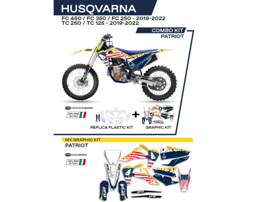 Набір пластикових накладок hukit622999w плюс набір наклейок husqvarna tc 125/250 '19-'22; fc 250/350/450 '19-'22, включаючи передню панель (hu04303) та накладки на амортизатори (hu03361), колір patriot oem (білий/блакитний) - роз