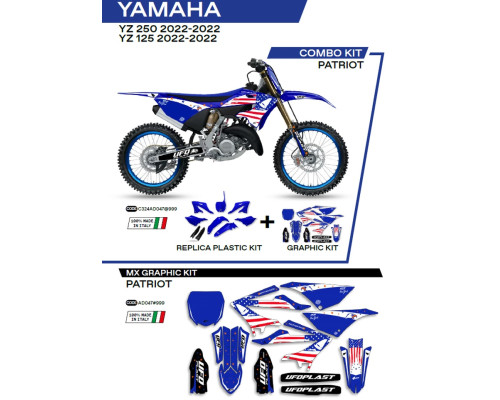 Набір пластику UFO yakit324999 плюс набір наклейок YAMAHA yz 125/250 '22 в комплекті передня панель (ya04860) та накладки на амортизатори (ya04814) колір patriot oem (білий/блакитний) - роз