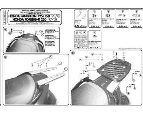Kappa, Стелаж kufra центрального, для HONDA Foresight 250 (97-08) / Pantheon 125/150 (98-02), без плити, чорний