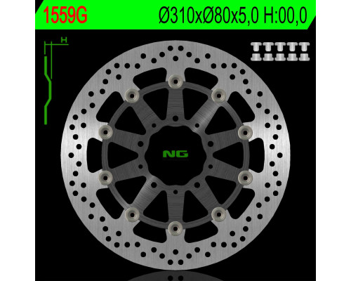 Ng передній гальмівний диск kawasaki z 1000 abs 15-17, z 1000 15-17, zx6r 13-17, z800 12-18, gtr 1400 07-18, zzr 1400 06-18 (310x80x5mm) (5x10.5mm) плаваючий (алюмін. центр)