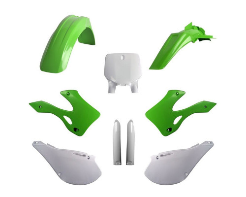 Повний комплект polisport kawasaki kx 125/250 '99-'02, включаючи передню панель (8677000001) та кришки амортизаторів (8395000001) зелений oem
