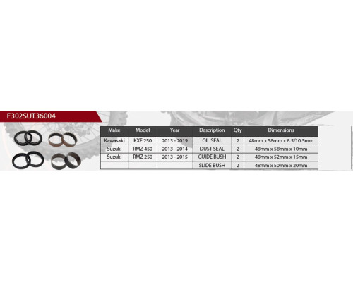 Ремкомплект переднього амортизатора showa 2024/07 kawasaki kxf 250 '13-'19, suzuki rmz 450 '13-'14, rmz 250 '13-'15, (сальники x 2, пилозащитники x 2, підшипники x 4) (підвіска 48мм )
