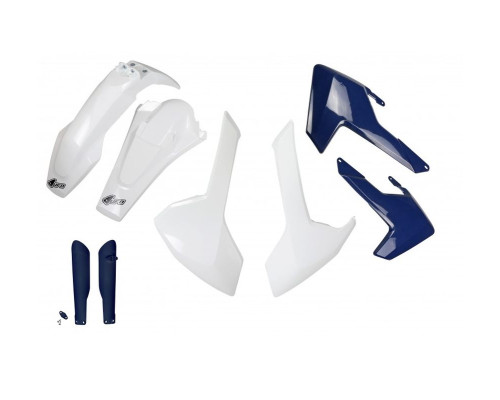 UFO повний пластиковий комплект з кришками телескопів (амортизатори) husqvarna te/tx 125/250/300 '17-19, fe 250/350/450/501 '17-19 колір oem (білий, кришки радіатора сині) (hu618e999)