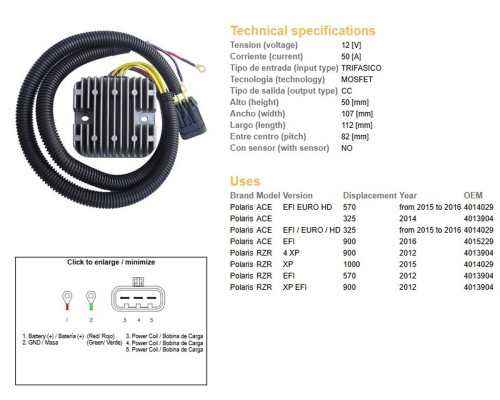 DZE РЕГУЛЯТОР НАПРУГИ POLARIS ACE 325 EFI '14-'16; 570EFI '15-'16; 900 '16; RZR570/900 '12; RZR1000EFI '15; (50A) (OEM 4013904, 4014029 (ESR827)