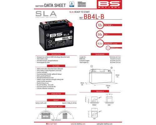 Bs батарея bb4l-b (fa) (yb4l-b) 12v 4ah 120x70x92 не обслуговується - залит (50a) (8)