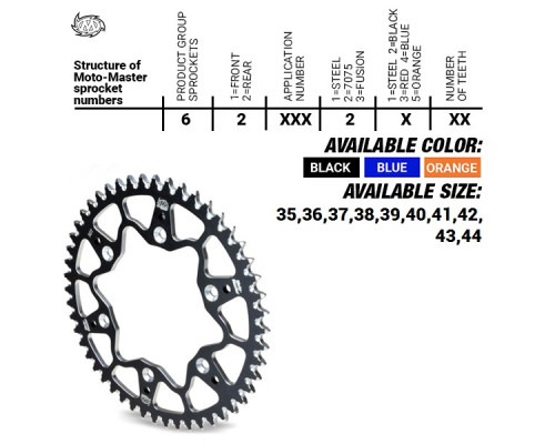 Задня зірочка moto-master алюмінієва t7075 (ergal) 4644 40 (464440) ktm sx 50/sx 50 mini '02- , sx-e5 e-bike '19-, gasgas mc 50 mc-e e-bike 21-, husqvarna tc 50 '17, tc 50 mini '18 -. ee 5 e-bike '19- (ланцюг 415) колір чорний