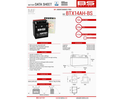 Bs батарея btx14ah-bs (ytx14ah-bs) 12v 12ah 134x89x166 не обслуговується - електроліт окремо (210a) (4) ue2019/1148