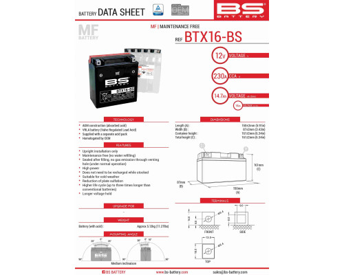 Bs батарея btx16-bs (ytx16-bs) 12v 14ah 152x88x161 не обслуговується - електроліт окремо (230a) (4) ue2019/1148