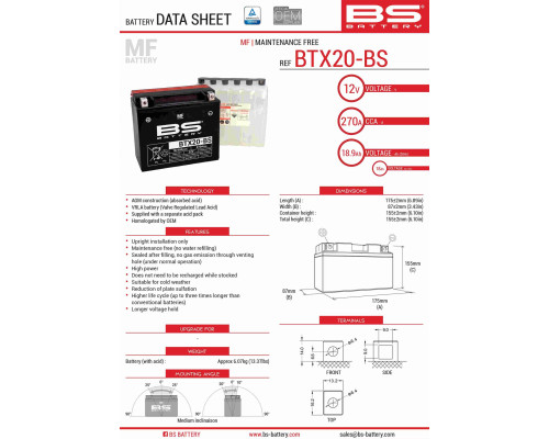 Bs battery btx20-bs (ytx20-bs) 175x87x155 не обслуговується - електроліт окремо (270a) (2) ue2019/1148