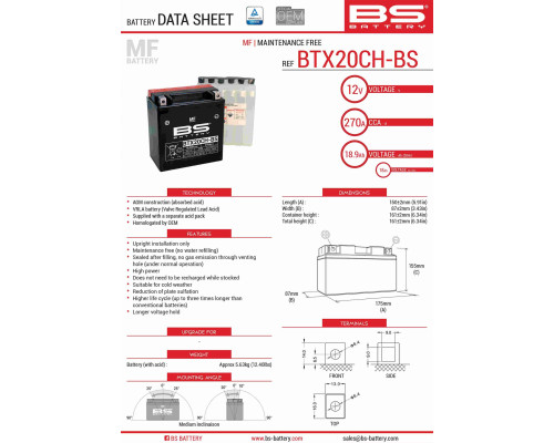 Bs батарея btx20ch-bs (ytx20ch-bs, ytx20a-bs) 12v 18ah 150x87x161 не обслуговується - електроліт окремо (270a) (2) ue2019/1148 (300808)