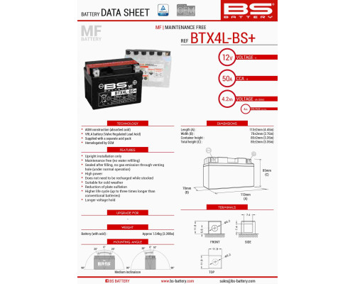 Bs battery btx4l-bs+ (ytx4l-bs) 12v 4ah 113x70x85 не обслуговується - електроліт окремо (50a) (підвищена ємність) (8) ue2019/1148 - заміняє 300819