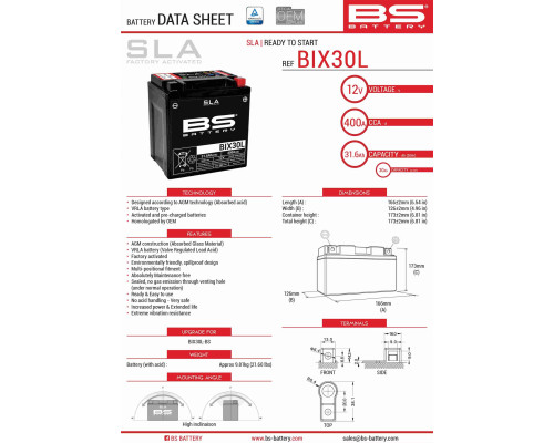Bs акумулятор bix30l (fa) (ytx30l) 12v 30ah 166x125x175 не обслуговується - затоплений (385a) (2)