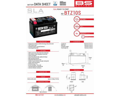 Bs батарея btz10s (fa) (ytz10s) 12v 8.6ah 150x86x95 не обслуговується - залито (190a) (4)
