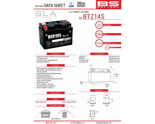 Bs батарея btz14s (fa) (ytz14s) 12v 11.2ah 150x86x110 не обслуговується - залив (230a) (4)