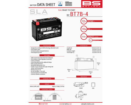 Bs батарея bt7b-4 (fa) (yt7b4) 12v 6.5ah 148x64x90 не обслуговується - залит (85a) (8)