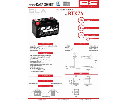 Bs акумулятор btx7a (fa) (ytx7a-bs) 12v 6ah 152x88x94 не обслуговується - залито (90a) (6)