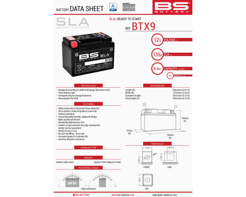 Bs батарея btx9 (fa) (ytx9-bs) 152x88x106 12v 8ah не обслуговується - залито (120a) (9)