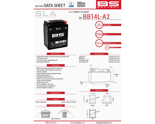 Bs батарея bb14l-a2 (fa) (yb14l-a2,yb14l-b2) 12v 14ah 135x91x167 не обслуговується - залито (210a) (4) - заміняє 300835