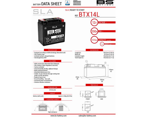 Bs акумулятор btx14l (fa) (ytx14l-bs) 12v 12ah 150x87x145 не обслуговується - залив (200a) (4)