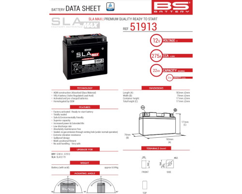 Bs battery 51913/51814 max (fa) (g12-19,sla12-19,sla12-22) 12v 21ah 183x79x171 не обслуговується - залит (підвищений крутний струм) (275a) (bmw) (4)