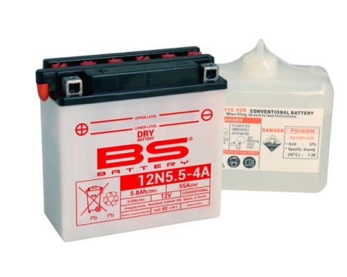 Батарея bs 12n5,5-4a (12n5,5-4a) 12v 5,5ah 135x60x130 можна обслуговуватися - електроліт окремо (70a) (6) ue2019/1148