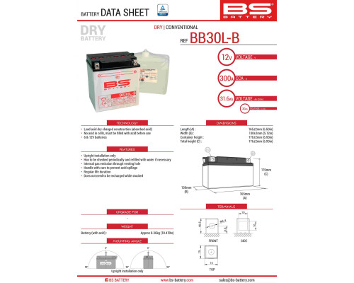 Bs батарея bb30l-b (yb30l-b) 12v 30ah 168x132x176 можна обслуговуватися - електроліт окремо (300a) harley davidson, polaris 600/700 (2) ue2019/1148