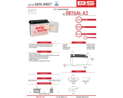 Bs battery bb16al-a2 (yb16ala2) 12v 16ah 205x71x164 можна обслуговуватися - електроліт окремо (175a) (3) ue2019/1148