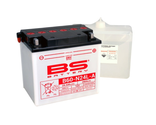 Bs battery b60-n24l-a (y60-n24l-a) 12v 28ah 184x124x175 можна обслуговуватися - електроліт окремо 280a (2) ue2019/1148