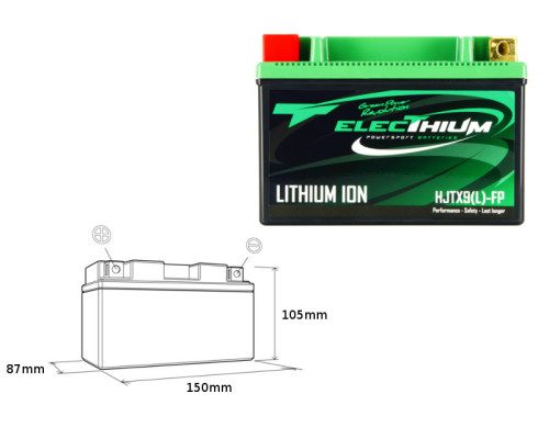 Electhium літій-іонна акумулятора з індикатором заряду hjtx9(l)-fp (150x87x105) (ytx9-bs, ytr9-bs, ytx9a-bs) (вага 0,7 кг)
