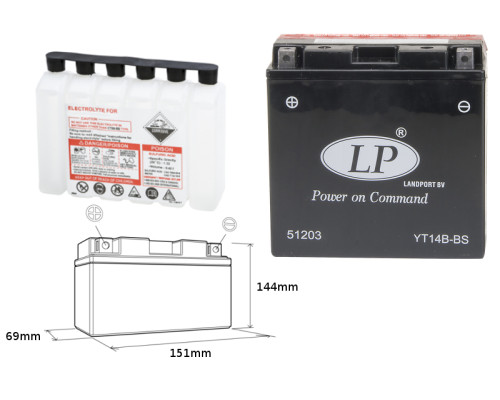 Батарея landport yt14b-bs (ma lt14b-bs) 12v 12ah 150x69x145 не обслуговується - електроліт окремо (4) ue2019/1148(190a)