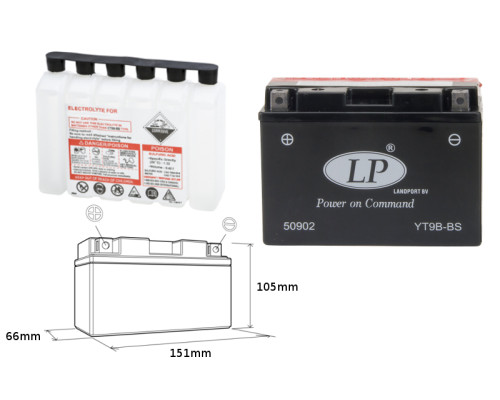 Батарея landport yt9b-bs (ma lt9b-bs) 12v 8ah 150x70x105 не обслуговується - електроліт окремо (6) ue2019/1148