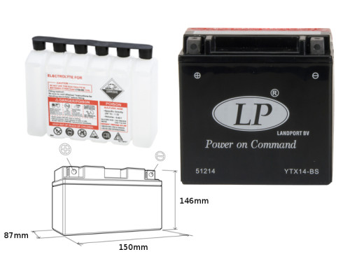 Landport батарея ytx14bs (ma ltx14-bs) 12v 12ah 152x88x147 не обслуговується - електроліт окремо (4) ue2019/1148