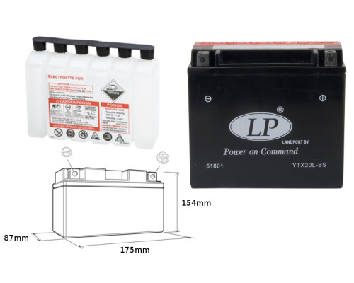 Landport батарея ytx20l-bs (ma ltx20l-bs) 12v 18ah 175x86x154 не обслуговується - електроліт окремо (2) ue2019/1148