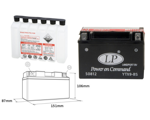Батарея landport ytx9-bs (ma ltx9-bs) 12v 8ah 152x88x106 не обслуговується - електроліт окремо (6) ue2019/1148