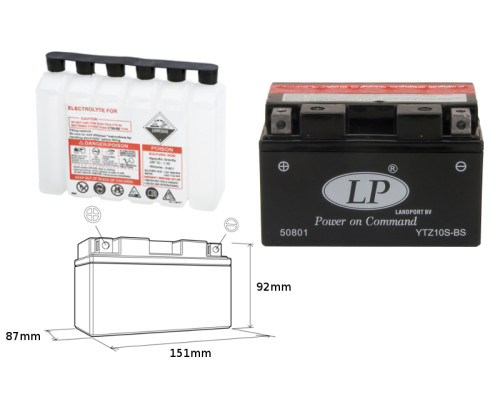 Батарея landport ytz10s-bs (ma ltz10s-bs) 12v 8.5ah 151x87x94 не обслуговується - електроліт окремо (6) eu2019/1148