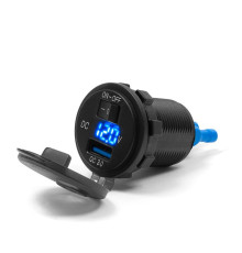 BIKETEC MOTORCYCYCLE USB QUICK CHARGE РОЗЕТ З ВОЛЬТМЕТРОМ ТА ВИМИКАЧОМ МОНТАЖ НА ПЛОСКІЙ ПОВЕРХНІ (ОБТІКАЛЬНИК, КОРПУС) АБО НА КЕРМО - ПОТРІБЕН АДАПТЕР BTMUS28