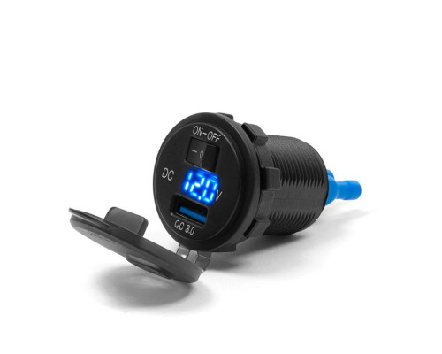 BIKETEC MOTORCYCYCLE USB QUICK CHARGE РОЗЕТ З ВОЛЬТМЕТРОМ ТА ВИМИКАЧОМ МОНТАЖ НА ПЛОСКІЙ ПОВЕРХНІ (ОБТІКАЛЬНИК, КОРПУС) АБО НА КЕРМО - ПОТРІБЕН АДАПТЕР BTMUS28