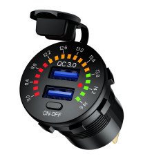 BIKETEC MOTORCYCLE ДВІЙНА USB РОЗЕТКА QC 3.0 - 36 Вт ШВИДКА ЗАРЯДКА З ВОЛЬТМЕТРОМ ВСТАНОВЛЕННЯ НА ПЛОСКІЙ ПОВЕРХНІ (ОБТІКАЛЬНИК, КОРПУС) АБО НА КЕРМО - ПОТРІБЕН АДАПТЕР BTMUS28