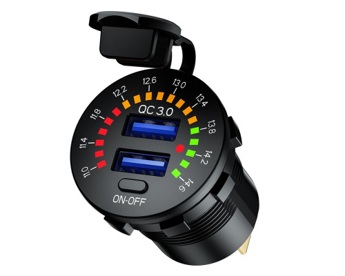 BIKETEC MOTORCYCLE ДВІЙНА USB РОЗЕТКА QC 3.0 - 36 Вт ШВИДКА ЗАРЯДКА З ВОЛЬТМЕТРОМ ВСТАНОВЛЕННЯ НА ПЛОСКІЙ ПОВЕРХНІ (ОБТІКАЛЬНИК, КОРПУС) АБО НА КЕРМО - ПОТРІБЕН АДАПТЕР BTMUS28