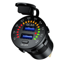BIKETEC MOTORCYCLE ДВІЙНА USB РОЗЕТКА QC 3.0 - 36 Вт ШВИДКА ЗАРЯДКА З ВОЛЬТМЕТРОМ ВСТАНОВЛЕННЯ НА ПЛОСКІЙ ПОВЕРХНІ (ОБТІКАЛЬНИК, КОРПУС) АБО НА КЕРМО - ПОТРІБЕН АДАПТЕР BTMUS28
