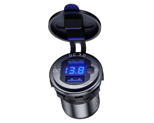 МОТОЦИКЛ BIKETEC ПОДВІЙНА РОЗЕТКА USB QC 3.0 - 36 Вт З Кріпленням вольтметра НА РОВСКІЙ ПОВЕРХНІ (ОБТІКАЛЬНИК, КОРПУС) АБО НА КЕРМО - ПОТРІБЕН АДАПТЕР BTMUS28