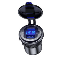 МОТОЦИКЛ BIKETEC ПОДВІЙНА РОЗЕТКА USB QC 3.0 - 36 Вт З Кріпленням вольтметра НА РОВСКІЙ ПОВЕРХНІ (ОБТІКАЛЬНИК, КОРПУС) АБО НА КЕРМО - ПОТРІБЕН АДАПТЕР BTMUS28