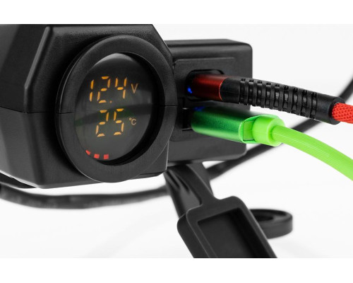 BIKETEC MOTORCYCLE ДВІЙНИЙ USB QUICK CHARGE 3.0 ГНІЗДО З ВОЛЬТМЕТРОМ ТА ІНДИКАТОРОМ ЗОВНІШНЬОЇ ТЕМПЕРАТУРИ Кріплення на кермо