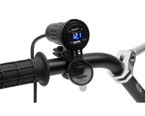BIKETEC ДВІЙНА РОЗЕТКА ДЛЯ МОТОЦИКЛА З ПІДСВІЧУВАННЯМ ТА Кріпленням вольтметра в обтічнику або на кермі