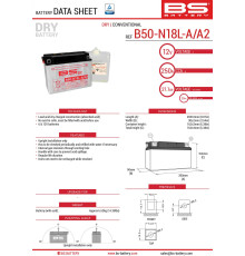 Bs battery b50-n18l-a/a2 (y50-n18l-a/a2) 12v 20ah 205x90x162 можна обслуговуватися - електроліт окремо 250a (2) ue2019/1148