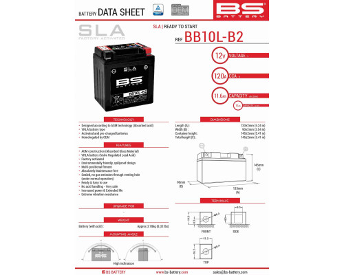 Bs батарея bb10l-b2 (fa) (yb10l-b2,yb10l-a2) 12v 11ah 136x91x146 не обслуговується - залит (160a) (4) - заміняє 300834